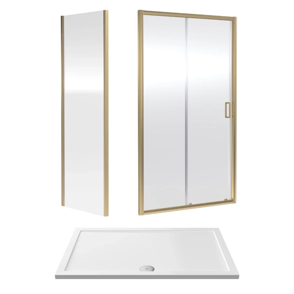 Nuie Rene Brushed Brass 1400 x 900mm Sliding Shower Door Enclosure inc Side Panel and Tray