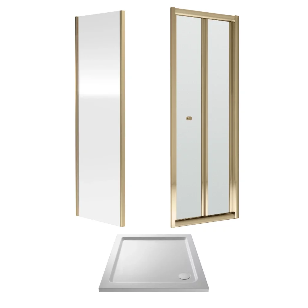 Nuie Rene Brushed Brass 800mm Bifold Shower Door Square Enclosure inc Side Panel and Tray