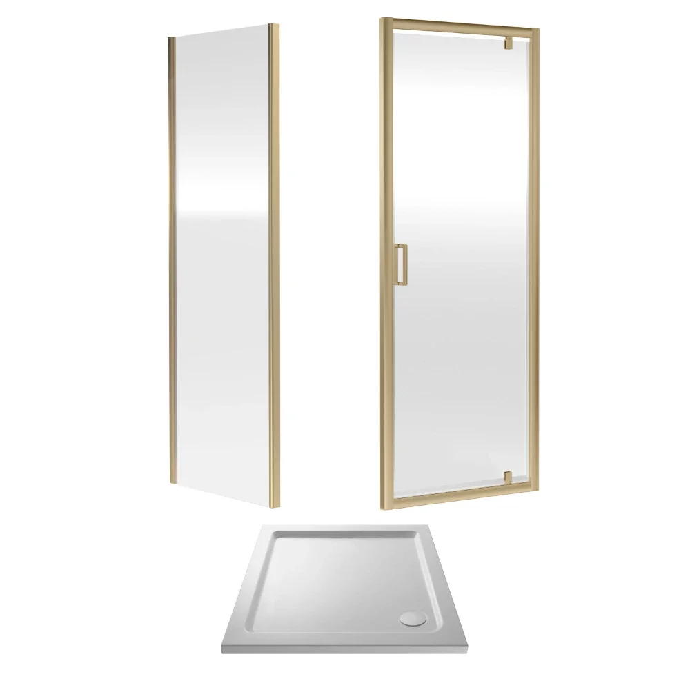Nuie Rene Brushed Brass 800mm Pivot Shower Door Square Enclosure inc Side Panel & Tray
