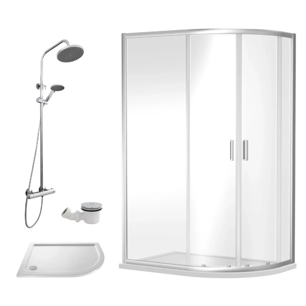 Nuie Rene Chrome 1000 x 800mm Right Hand Offset Quadrant Enclosure, Tray, Thermostatic Shower & Waste