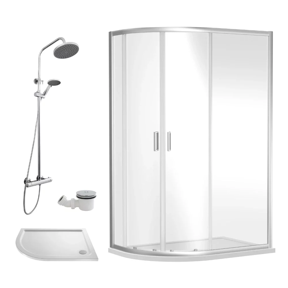 Nuie Rene Chrome 1000 x 800mm Left Hand Offset Quadrant Enclosure, Thermostatic Shower & Tray