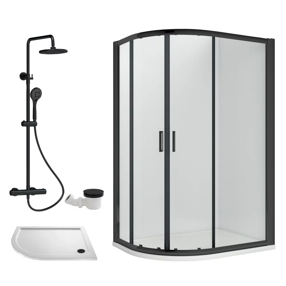Nuie Rene Matt Black 1000 x 800mm Left Hand Offset Quadrant Enclosure, Thermostatic Shower & Tray