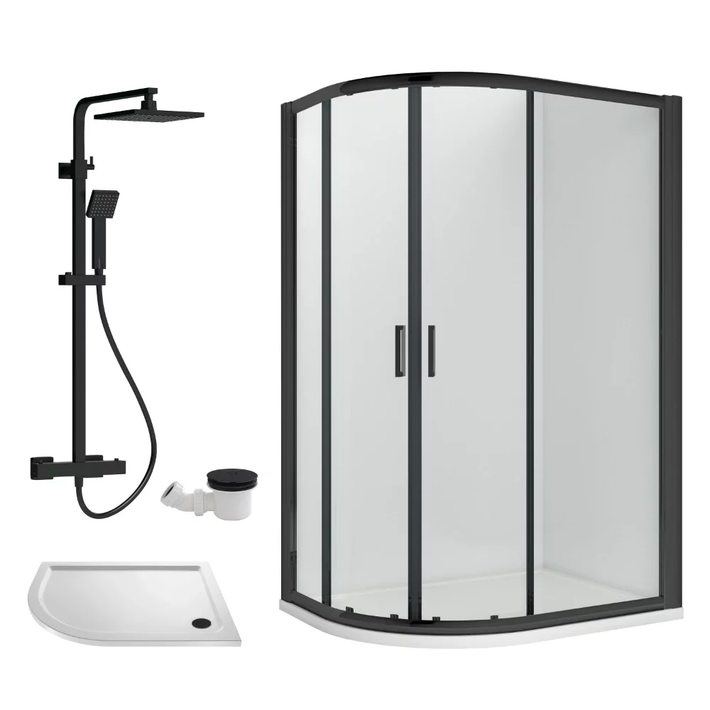 Nuie Rene Matt Black 1000 x 800mm Left Hand Offset Quadrant Enclosure, Tray, Thermostatic Shower & Waste