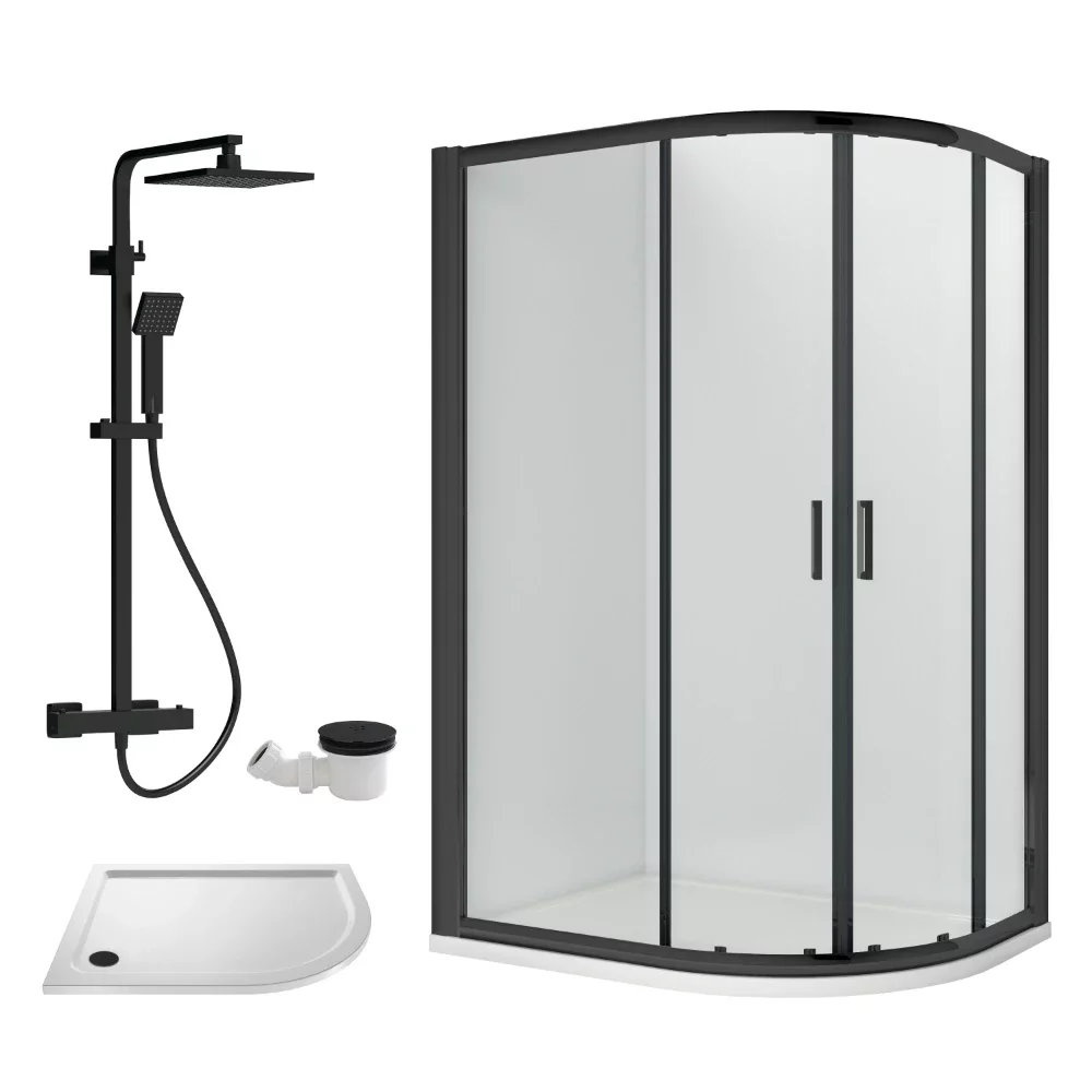 Nuie Rene Matt Black 1000 x 800mm Right Hand Offset Quadrant Enclosure, Tray, Thermostatic Shower & Waste