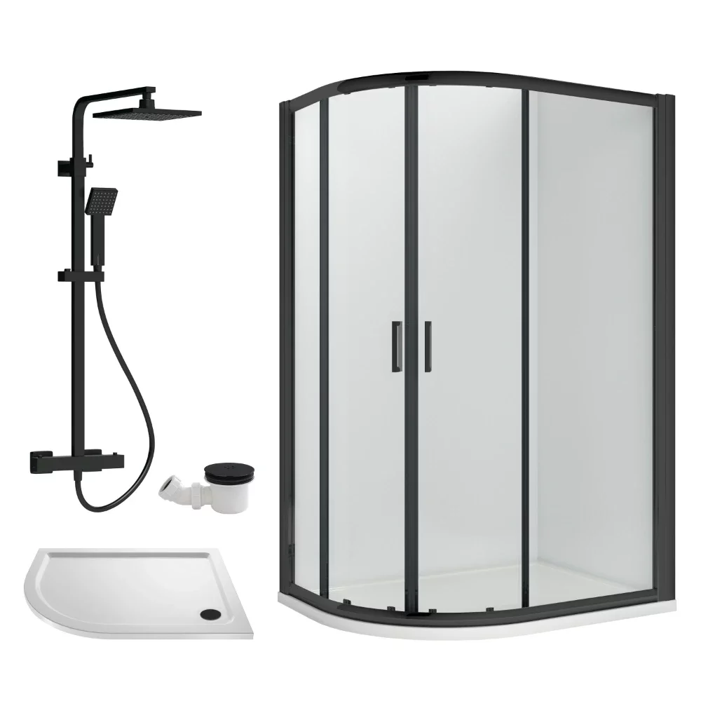 Nuie Rene Matt Black 1200 x 800mm Left Hand Offset Quadrant Enclosure, Tray, Thermostatic Shower & Waste