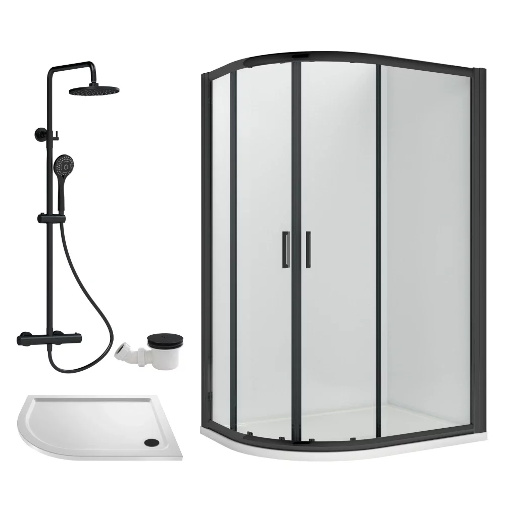 Nuie Rene Matt Black 1200 x 800mm Left Hand Offset Quadrant Enclosure, Tray, Thermostatic Shower Valve