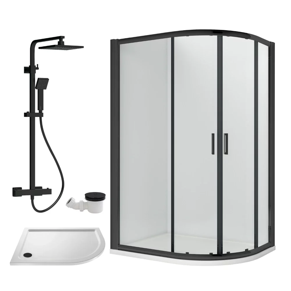 Nuie Rene Matt Black 1200 x 800mm Right Hand Offset Quadrant Enclosure, Tray, Square Shower Valve