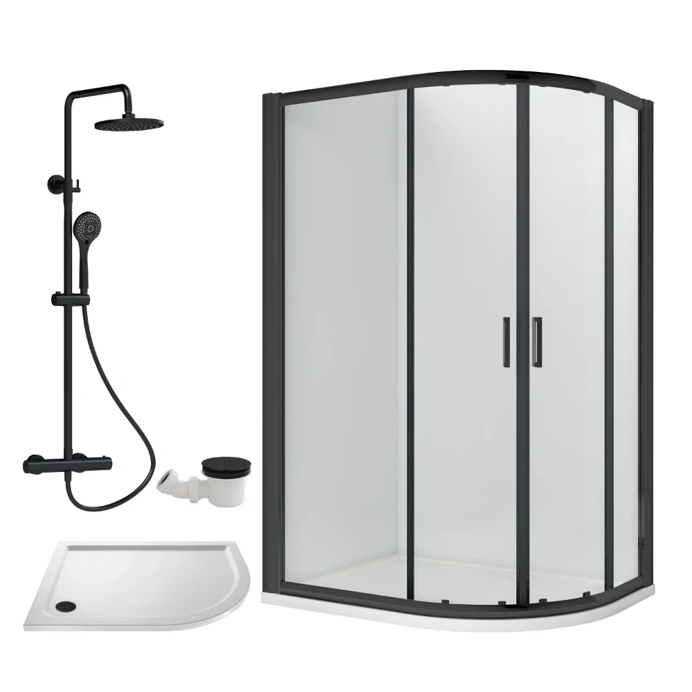 Nuie Rene Matt Black 1200 x 800mm Right Hand Offset Quadrant Enclosure, Tray, Thermostatic Shower Valve