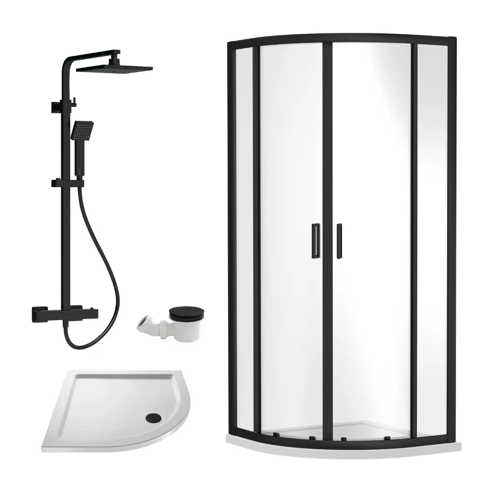 Nuie Rene Matt Black 800mm Quadrant Enclosure, Tray, Thermostatic Shower & Waste