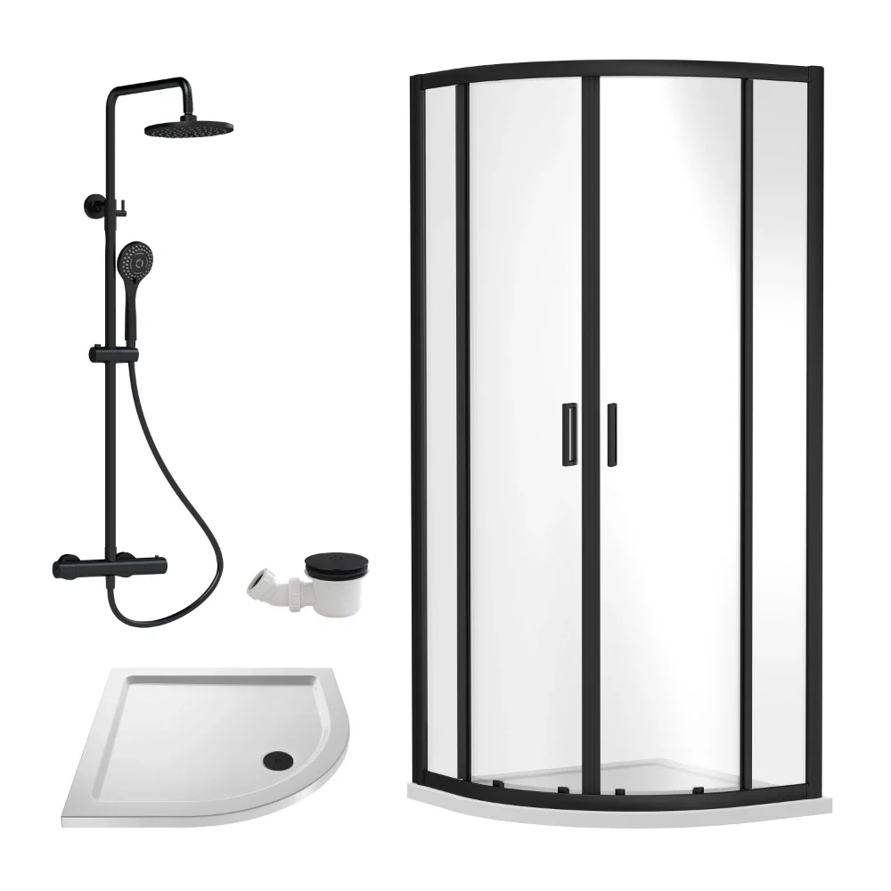 Nuie Rene Matt Black 900mm Quadrant Enclosure, Thermostatic Shower, Tray and Waste