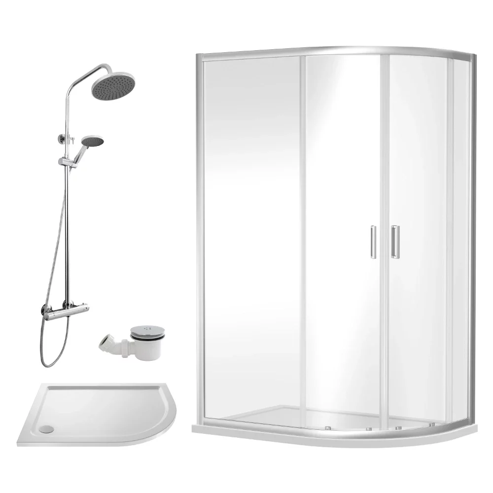 Nuie Rene Chrome 1200 x 800mm Right Hand Offset Quadrant Enclosure, Tray, Thermostatic Shower & Waste