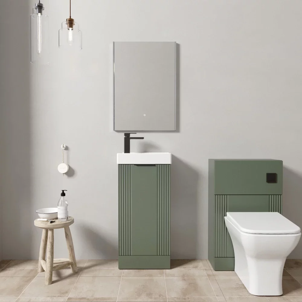Nuie Floor Standing Satin Green Fluted Cloakroom Suite
