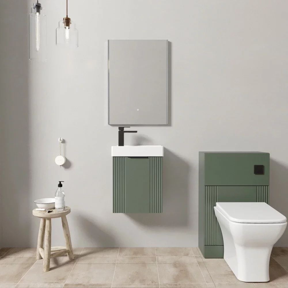 Nuie Deco Wall Hung Satin Green Fluted Cloakroom Suite