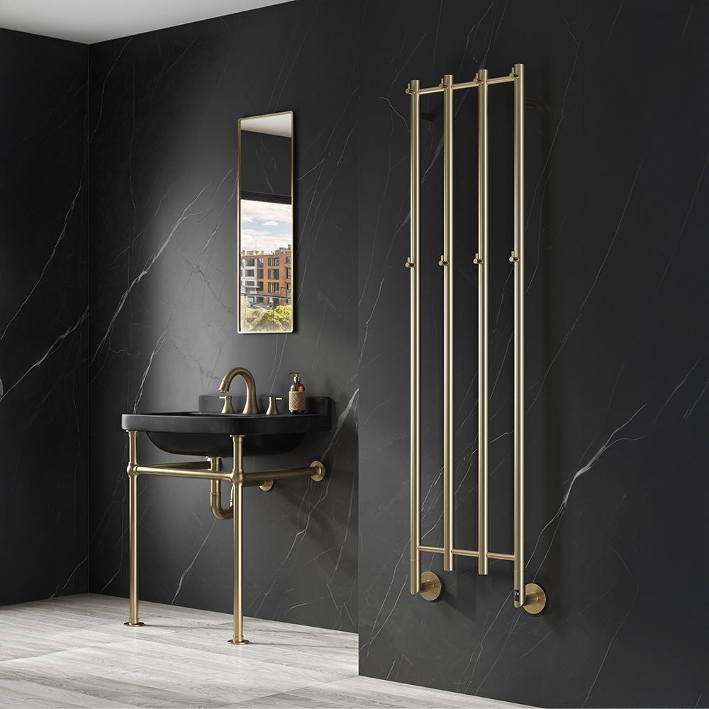 Bathra Rll Radiator Reina Solara 1500 x 400mm Brushed Brass Bathroom Electric Radiator, ESLRB