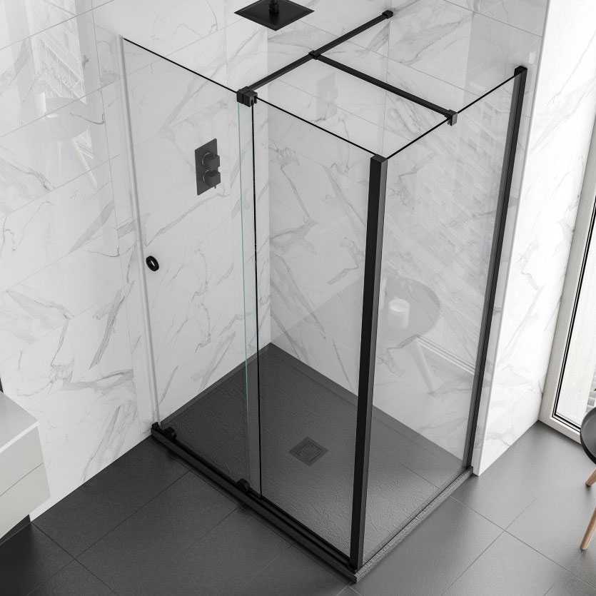 Rolla 8 1400mm Matt Black Frameless Sliding Door Corner Enclosure