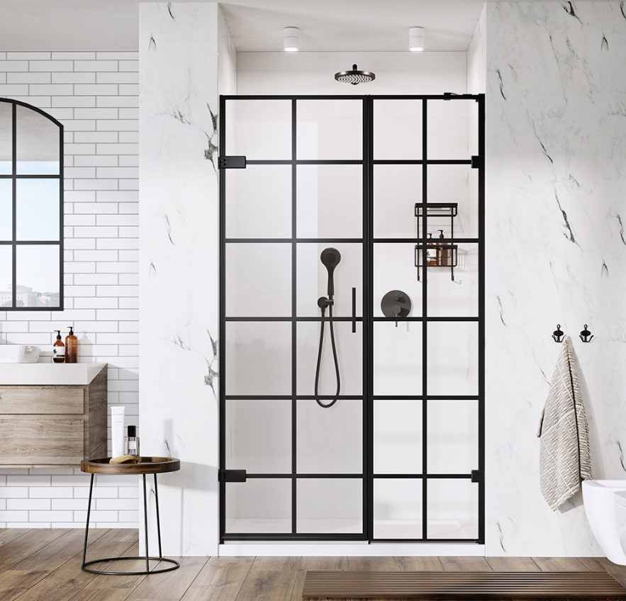 Roman Liberty Black Grid Hinged Door With 1 In-Line Panel - 800mm Alcove
