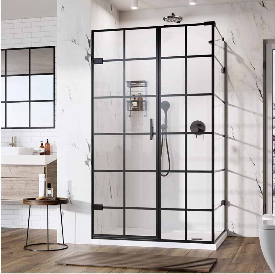 Roman Liberty Black Grid Hinged Shower Enclosure And In-Line Panel - 1200 x 900mm