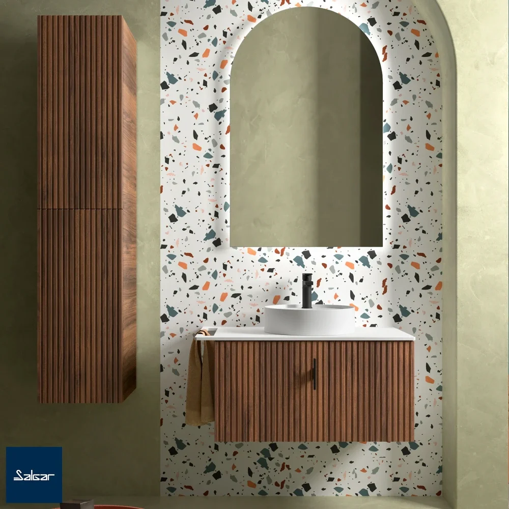 Salgar Biba 800mm Walnut Maya Left Handed Vanity Unit & Black Slate Worktop