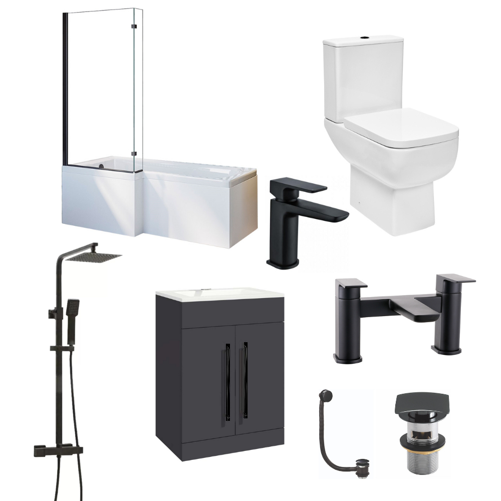 Complete Square L Shaped Shower Bath Suite with Black Fittings