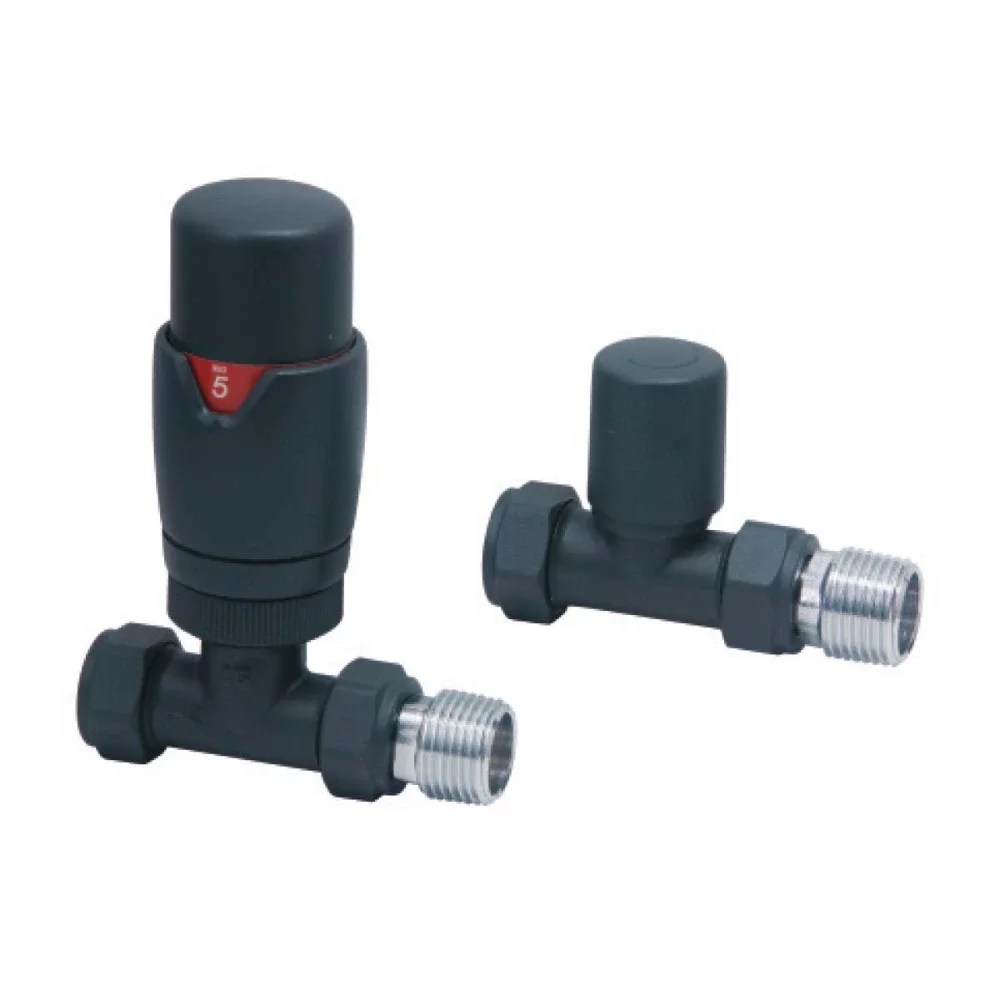 Scudo Carbon Anthracite Straight Thermostatic Radiator Valves Twin Pack