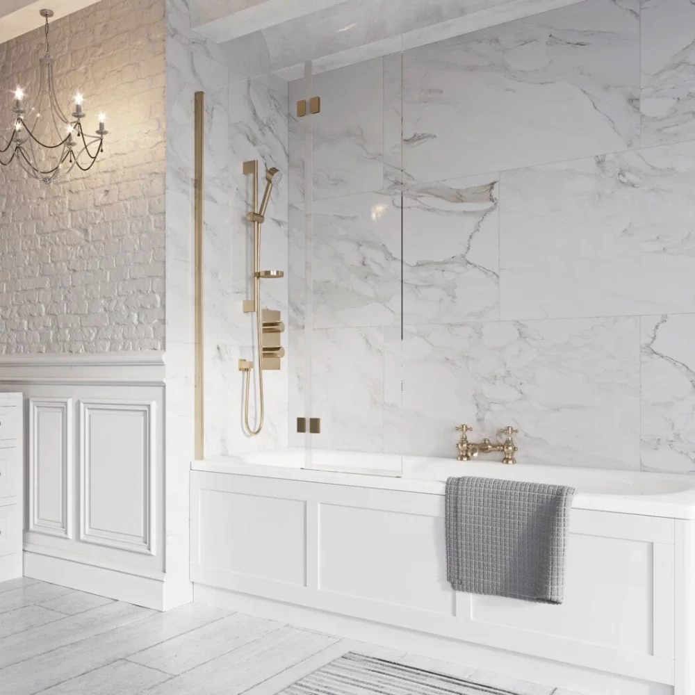 Scudo Thalia 1500x900mm Brushed Brass Inward Opening Bath Screen