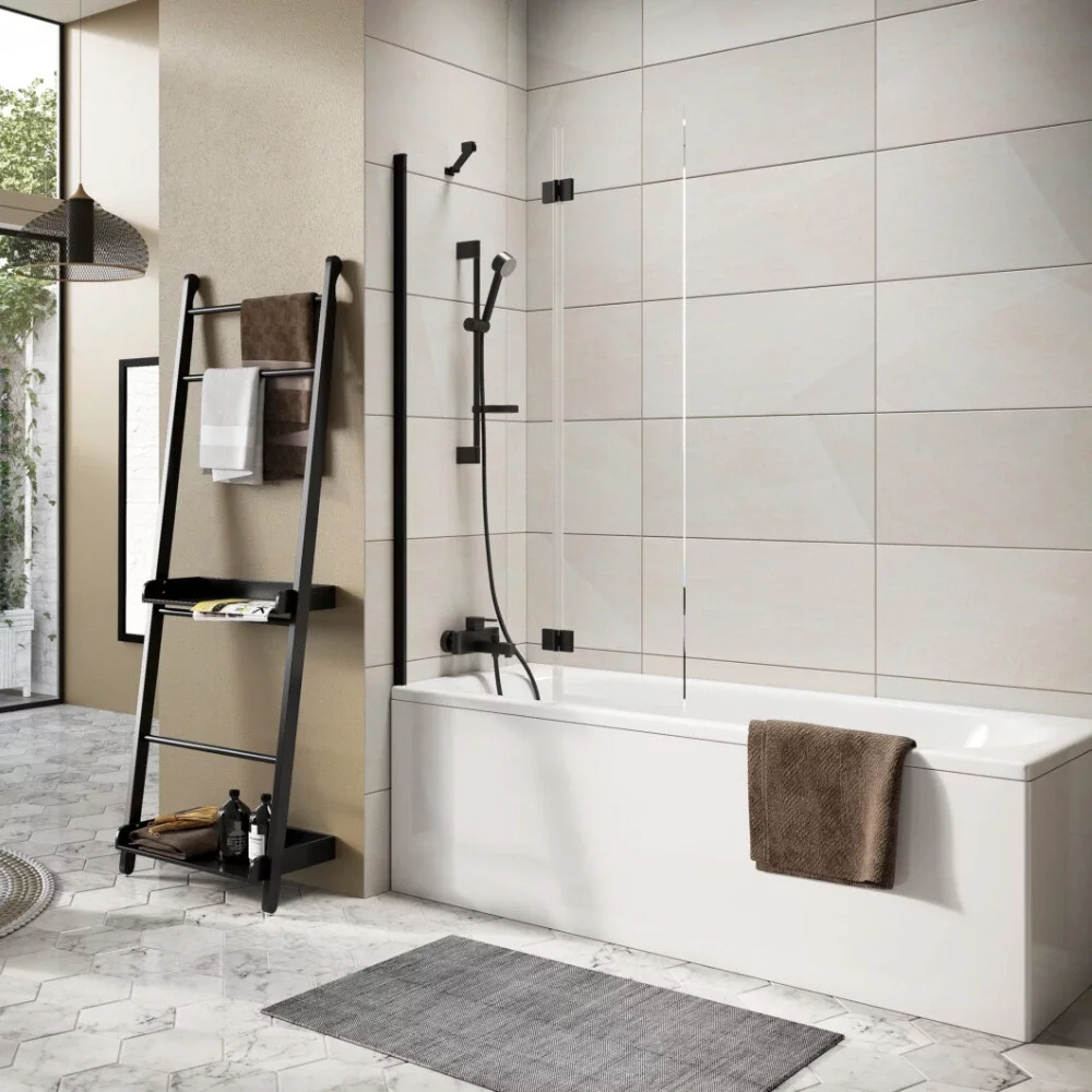 Scudo Thalia 1500x900mm Matt Black Outward Opening Bath Screen