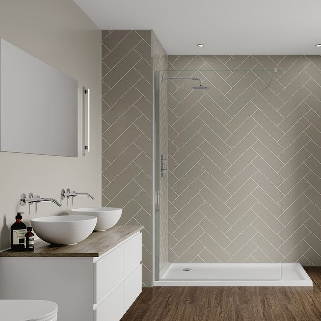 Multipanel Taupe Grey Herringbone Tile Effect Shower Board