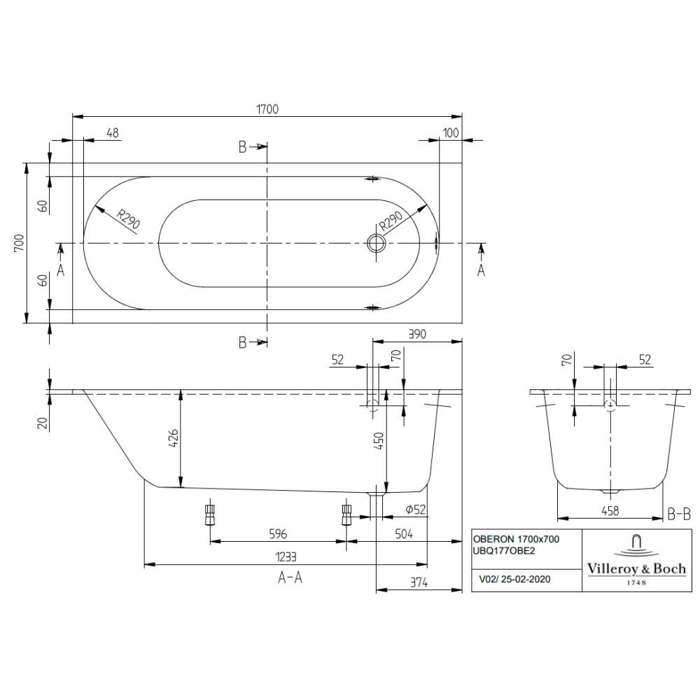 Villeroy & Boch Oberon 1700 x 700mm Single Ended Bath