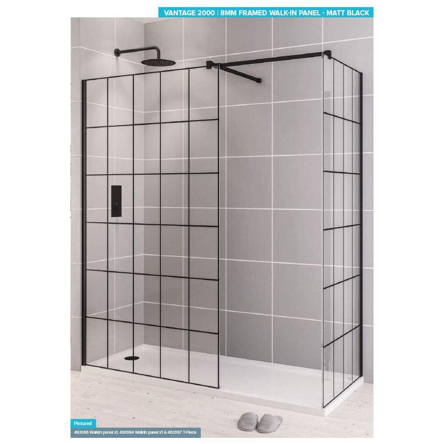 Vantage 2000, 800mm Matt Black Framed Walk In Shower Screen - Eastbrook