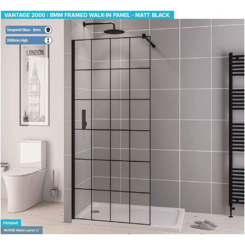 Vantage 2000, 500mm Matt Black Framed Walk In Shower Screen - Eastbrook