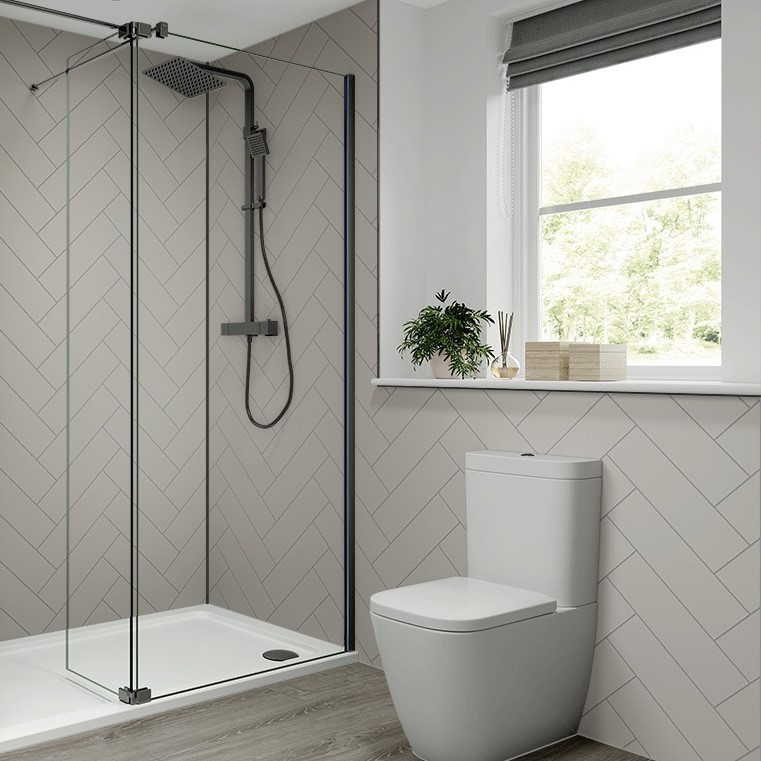 Multipanel White Grey Herringbone Tile Effect Shower Board