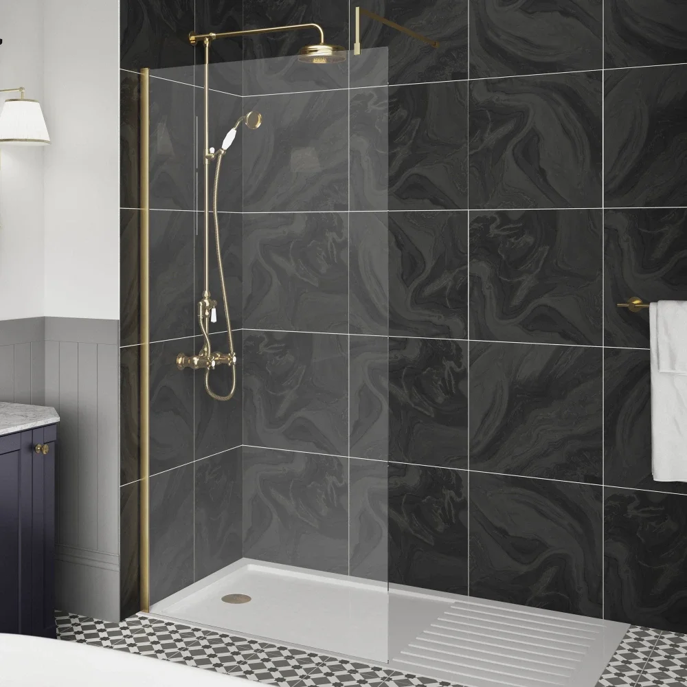 Nuie Wetroom Screen With Brushed Brass Profile and Support Bar
